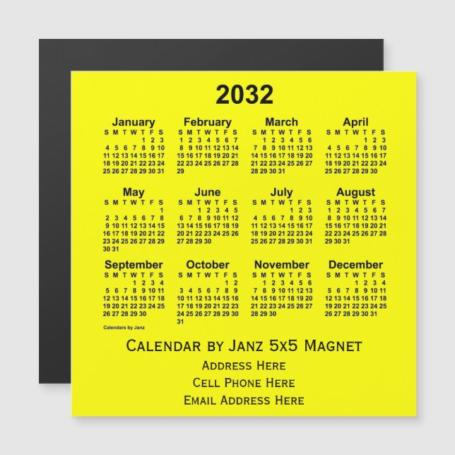 Calendário comercial amarelo de 2032 por Janz (Frente/Verso)