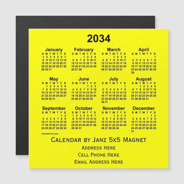 Calendário comercial amarelo de 2034 por Janz (Frente/Verso)