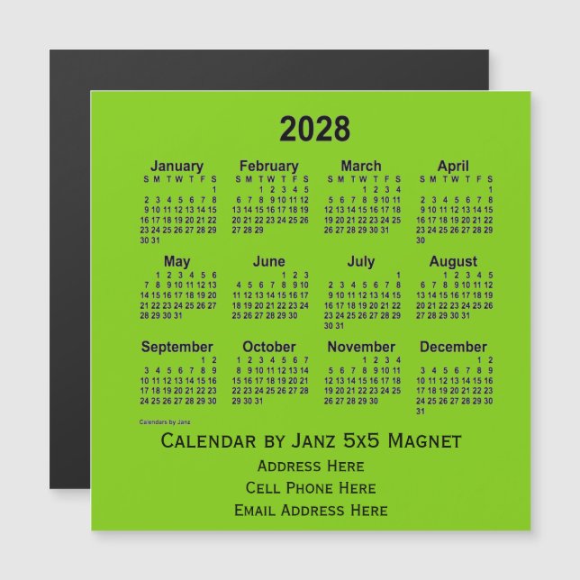 Calendário comercial amarelo verde 2028 por Janz (Frente/Verso)