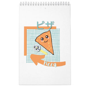 Calendário comida kawaii - pizza fofa, laranja, turquesa