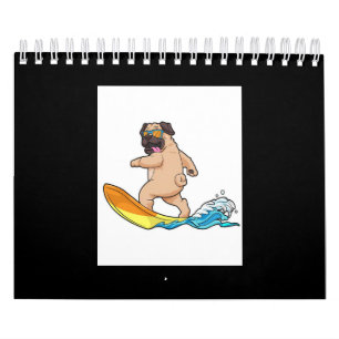 Calendário Copos de Vestida de Pug Surfing Surf Pug