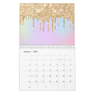 Calendário Cores Arco-íris de Unicórnio Brilhantes Dourados G