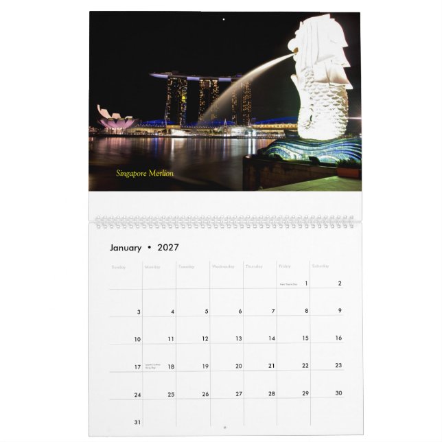 Calendário Cores de Singapura por Noite (Jan 2027)