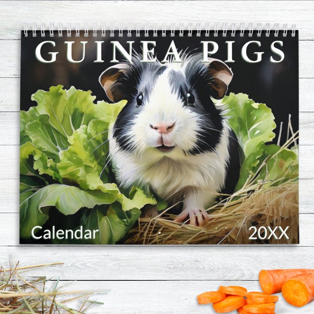 Calendário Cozinha-branca Amantes de os animais Aquarela Mens (A wall calendar with a guinea pig illustration for each month in a watercolor style)