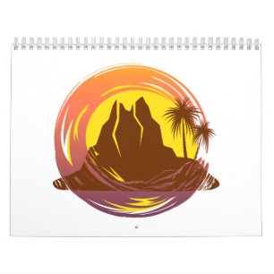 Calendário Crachá com paisagem vulcânica tropical e palmeiras