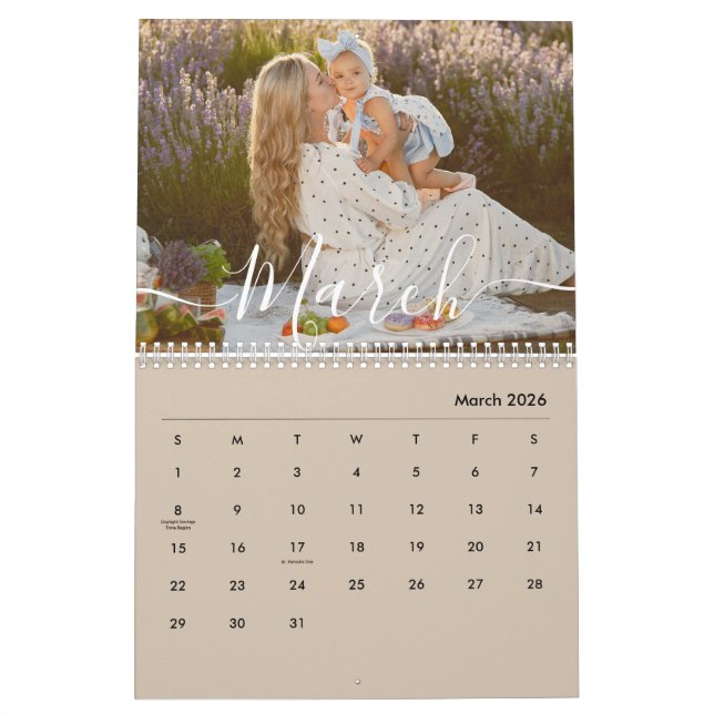 Calendário Custom Family Photo | Personalized Beige Taupe  (Mar 2026)