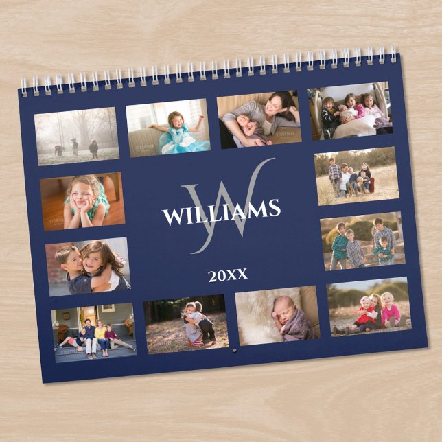 Calendário Custom Monogram Name Navy Blue Photo (Custom Monogram Name Navy Blue Photo Calendar in situ)