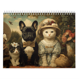 Calendário Cute Dogs and Cats Floral Garden Wall