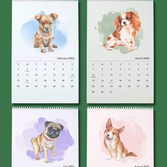 Calendário Cute Hand-Painted Dogs Art Wall Calendar (Criador carregado)
