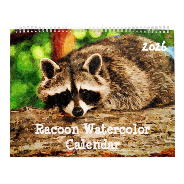 Calendário Cute Watercolor Raccoon Wildlife Painting Art Cale (Capa)