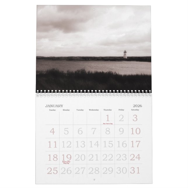 Calendário da foto da ilha B&W do Martha's (Jan 2026)