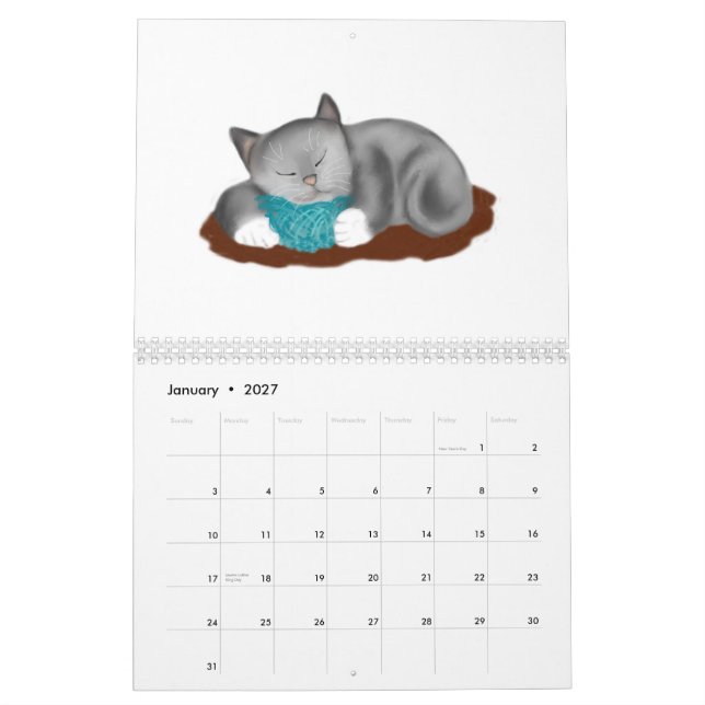 Calendário das bolas e dos gatinhos do fio (Jan 2027)
