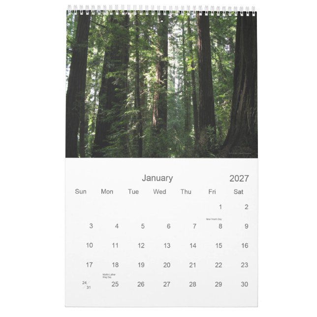 Calendário das sequóias vermelhas de Califórnia (Jan 2027)