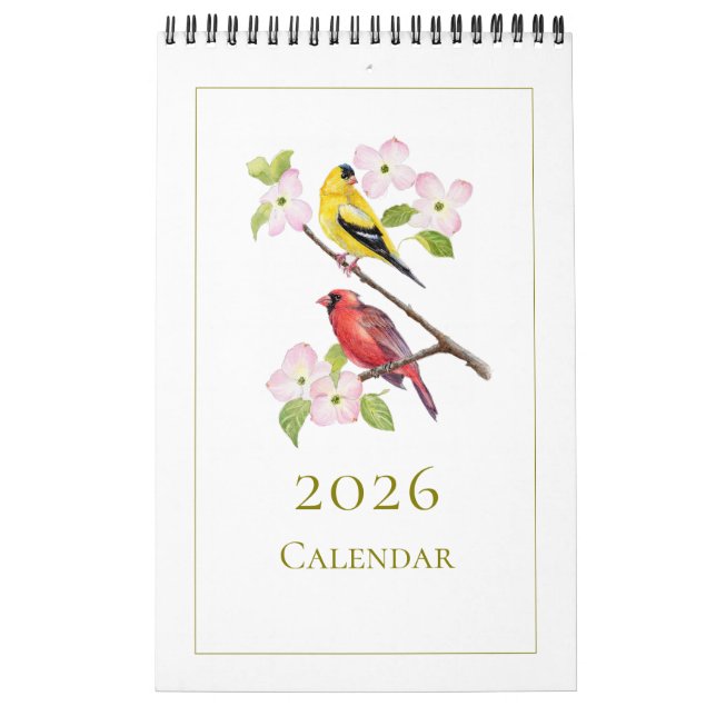 Calendário de 2026 de Aves de Aquarela Elegantes (Capa)