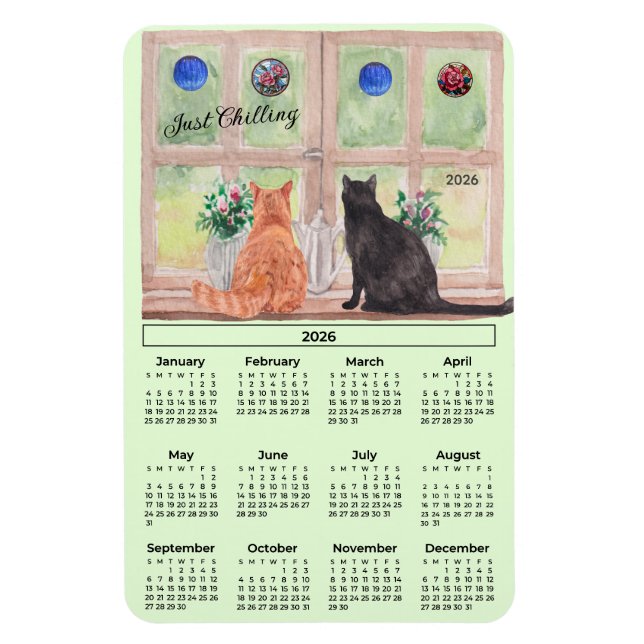 Calendário de 2026 Gatos na Janela Ímã Flexível (Vertical)
