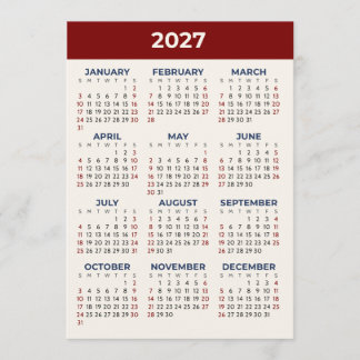 Calendário de 2027 em Vista Anual Cartão de Cores