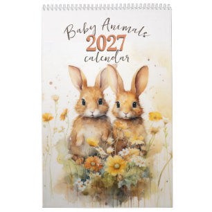 Calendário de Animais Bebês em Aquarela 2026