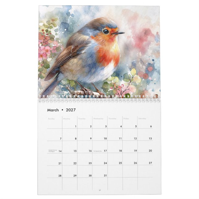 Calendário de Arte de Aquarela de Aves (Mar 2027)