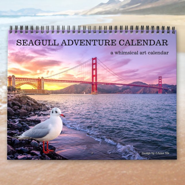 Calendário de Aventura de Seagull Artístico (Calendar for seagull lovers featuring images and paintings of seagulls traveling the world)