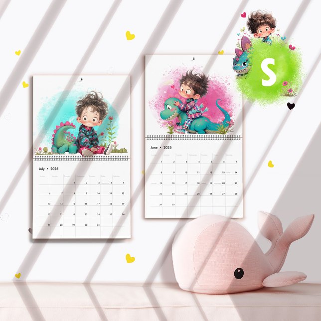 Calendário de Cartoons Quirky Boy & Dinosaur (Quirky Boy & Dinosaur Cartoon Calendar)