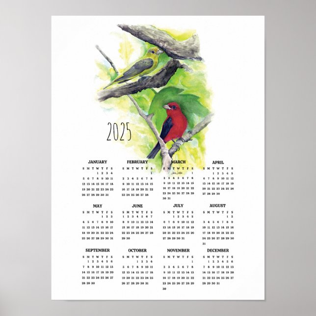 Calendário de Casal de Poster do  Scarlet Tanager  (Frente)