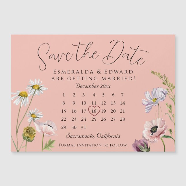 Calendário de Casamento da Flor Rosa Pastel Salva  (Frente)