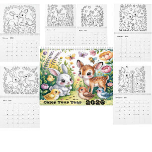 Calendário de Colorir Animais Arte em linha preta 