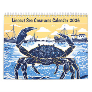 Calendário de Criaturas Marinhas em Linocut 2026