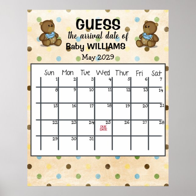 Calendário de Data Provável com Poster de Ursos (Frente)