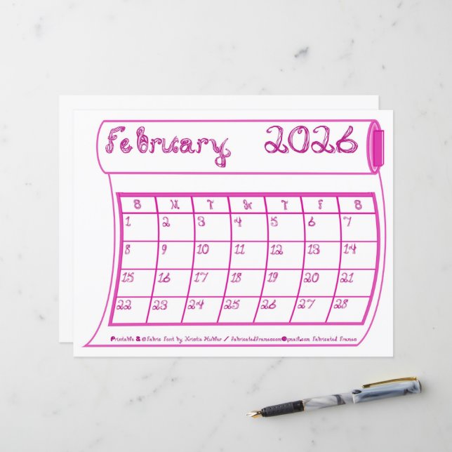 Calendário de Fevereiro de 2026 em papel com fonte (Frente/Verso In Situ)