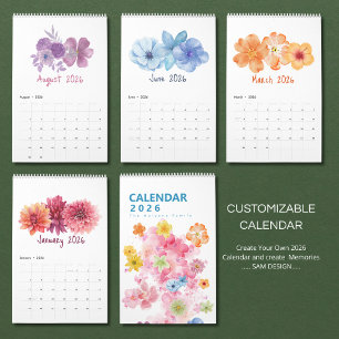 Calendário de Flores Aquarela 2026 Floral Elegan