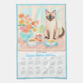 Calendário de Gato Siames, Xícaras de Chá e Toalha