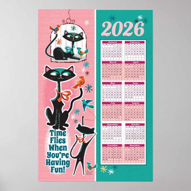 Calendário de Gatos de Meados do Século Poster de  (Frente)