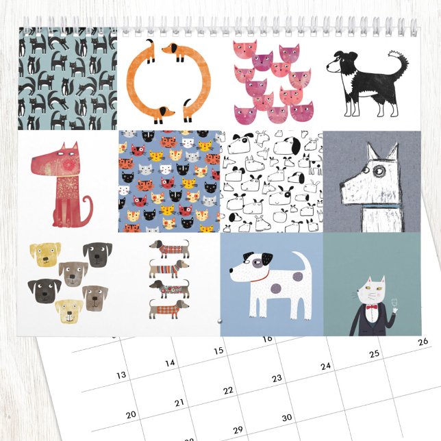 Calendário de Gatos e Cães Excêntricos de Nic Squi (Fun Cats and Dogs calendar with original art by NIc Squirrell)