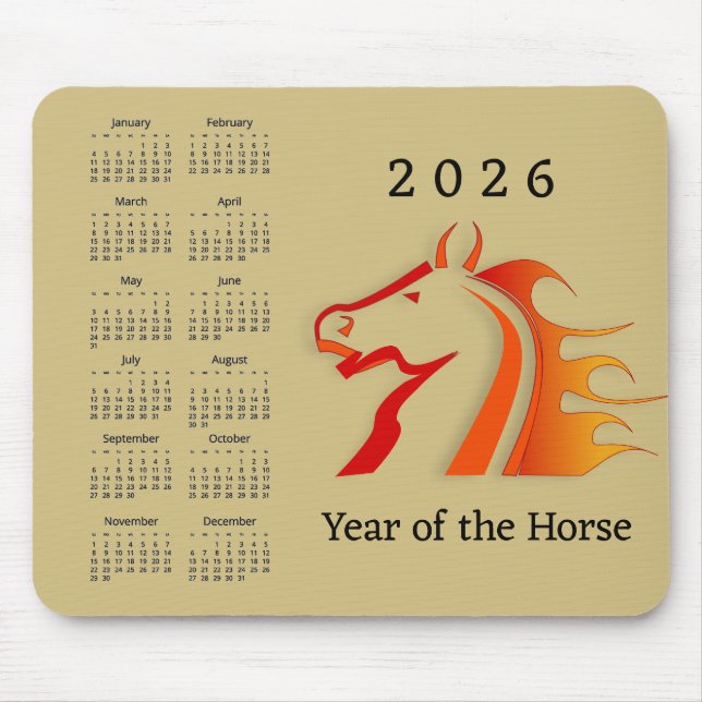 Calendário de mousepad com design do Ano do Cavalo (Frente)
