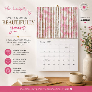 Calendário de Parede Listrado com Aquarela Rosa