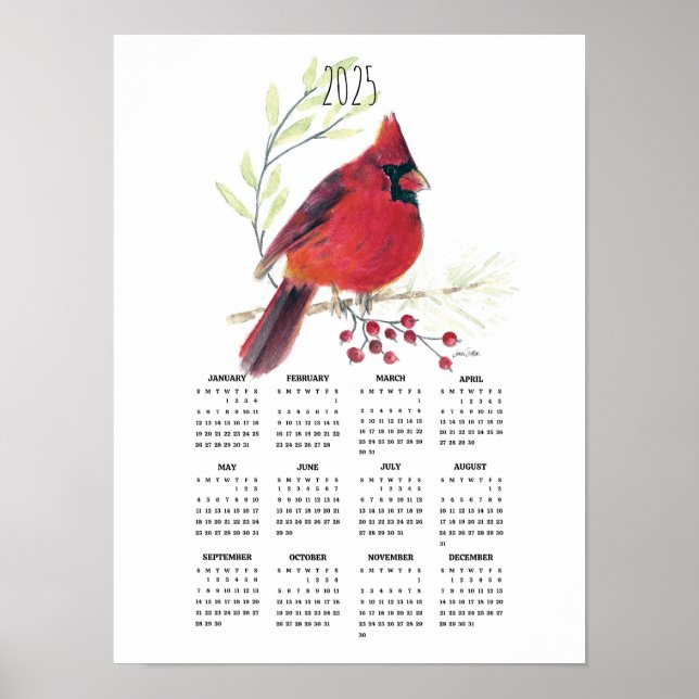 Calendário de Poster de Cardeal Vermelho Vibrante  (Frente)