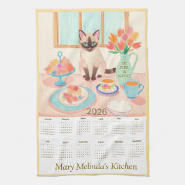 Calendário de Toalha de Cozinha com Gato Siames e