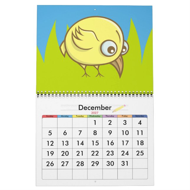 Calendário Desenho animado de pássaro amarelo (Dez 2027)