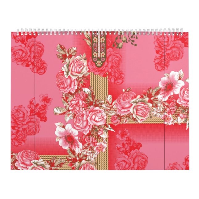 Calendário design de fundo rosa e ouro com vermelho (Capa)