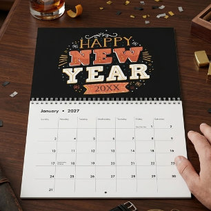 Calendário Design de Réveillon de Ano Novo Feliz Vintage Pers