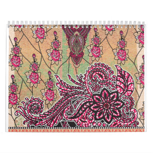 Calendário design de um padrão paisley rosa e castanho