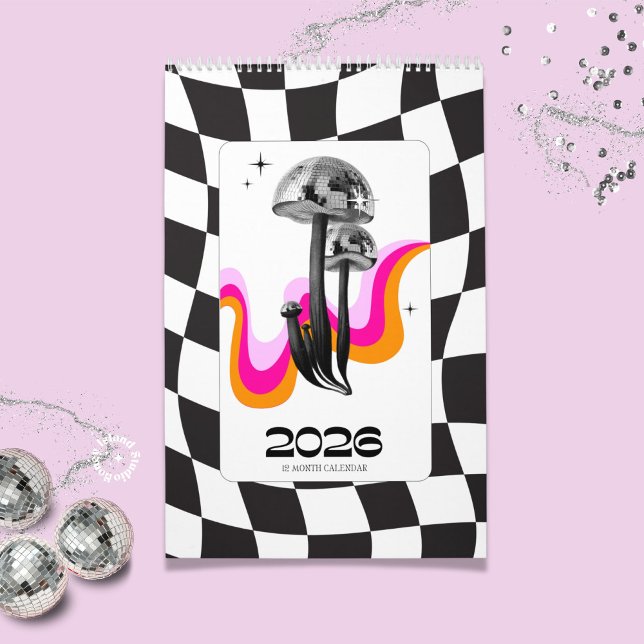 Calendário Disco Mushroom 2026 Y2K Office Planner (disco mushroom planner, 2026 office planner, Y2K planner, retro desk planner, whimsical planner, col)