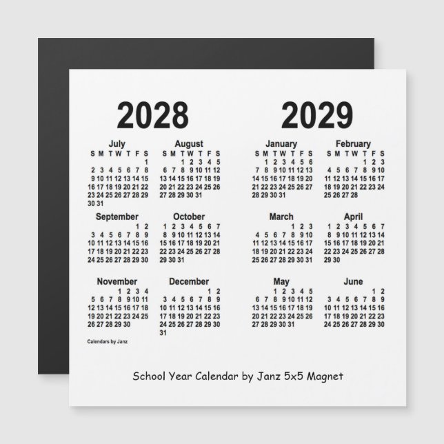 Calendário do Ano da Escola Branca 2028-2029 por J (Frente/Verso)