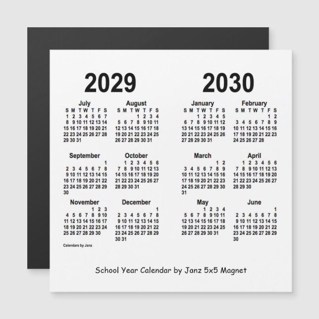 Calendário do Ano da Escola Branca 2029-2030 por J (Frente/Verso)