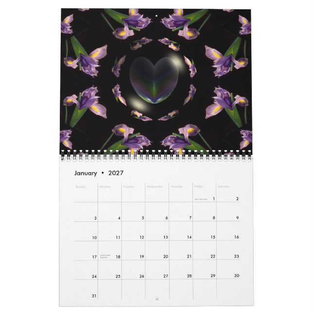 Calendário do Ano em Corações e Flores (Jan 2027)