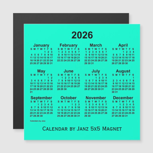 Calendário do Aquamarine de 2026 por meio do ímã 5 (Frente/Verso)