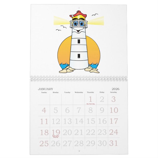 Calendário do Farol de Cartoon (Jan 2026)
