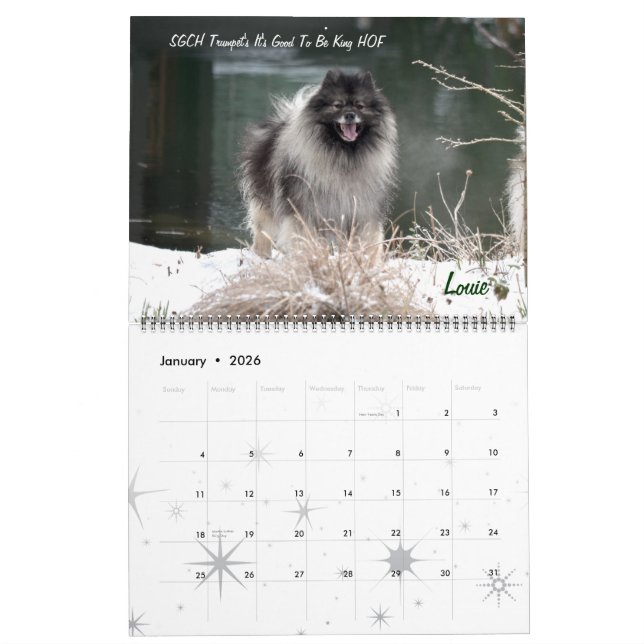 Calendário do Keeshond da trombeta (Jan 2026)