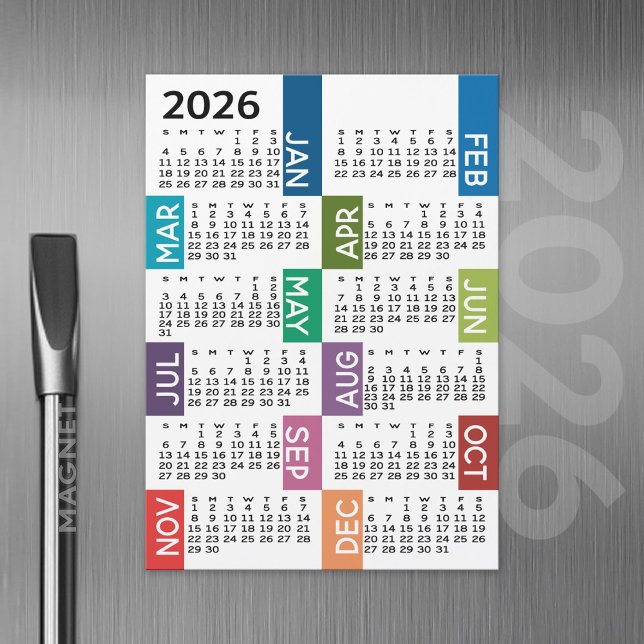 Calendário do Magnet - 12 meses coloridos (2026 Calendar with a Magnetic Back)